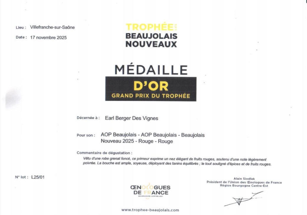 Médaille d'Or Beaujolais Nouveau 2025